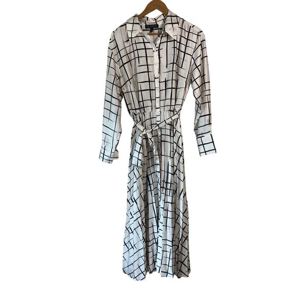 Eloquii 14 Windowpane Pleated Dress Belted‎ Long Maxi White Black Check Career - Picture 2 of 9